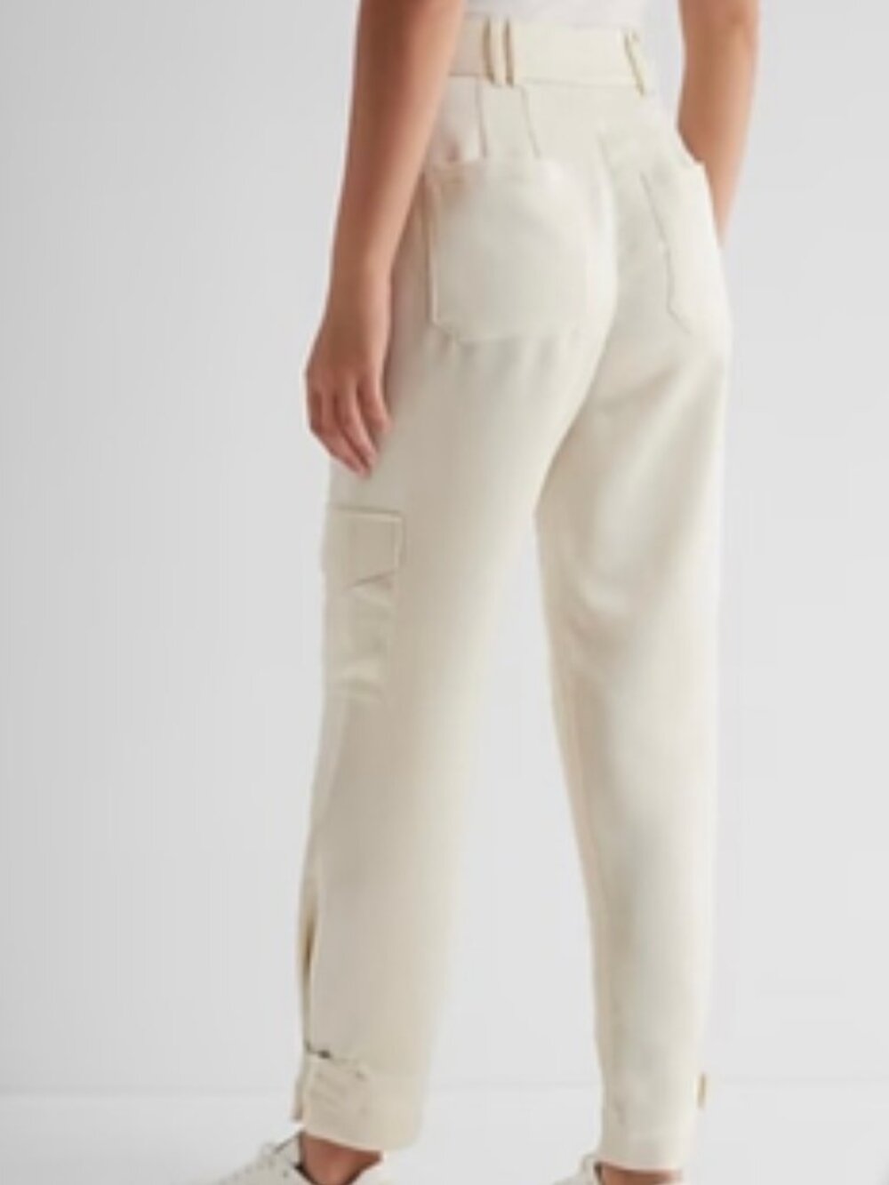 Express Ivory Satin Super High Rise Adjustable Buckle Hem Cargo Pant Sz 12 Long - Picture 3 of 16